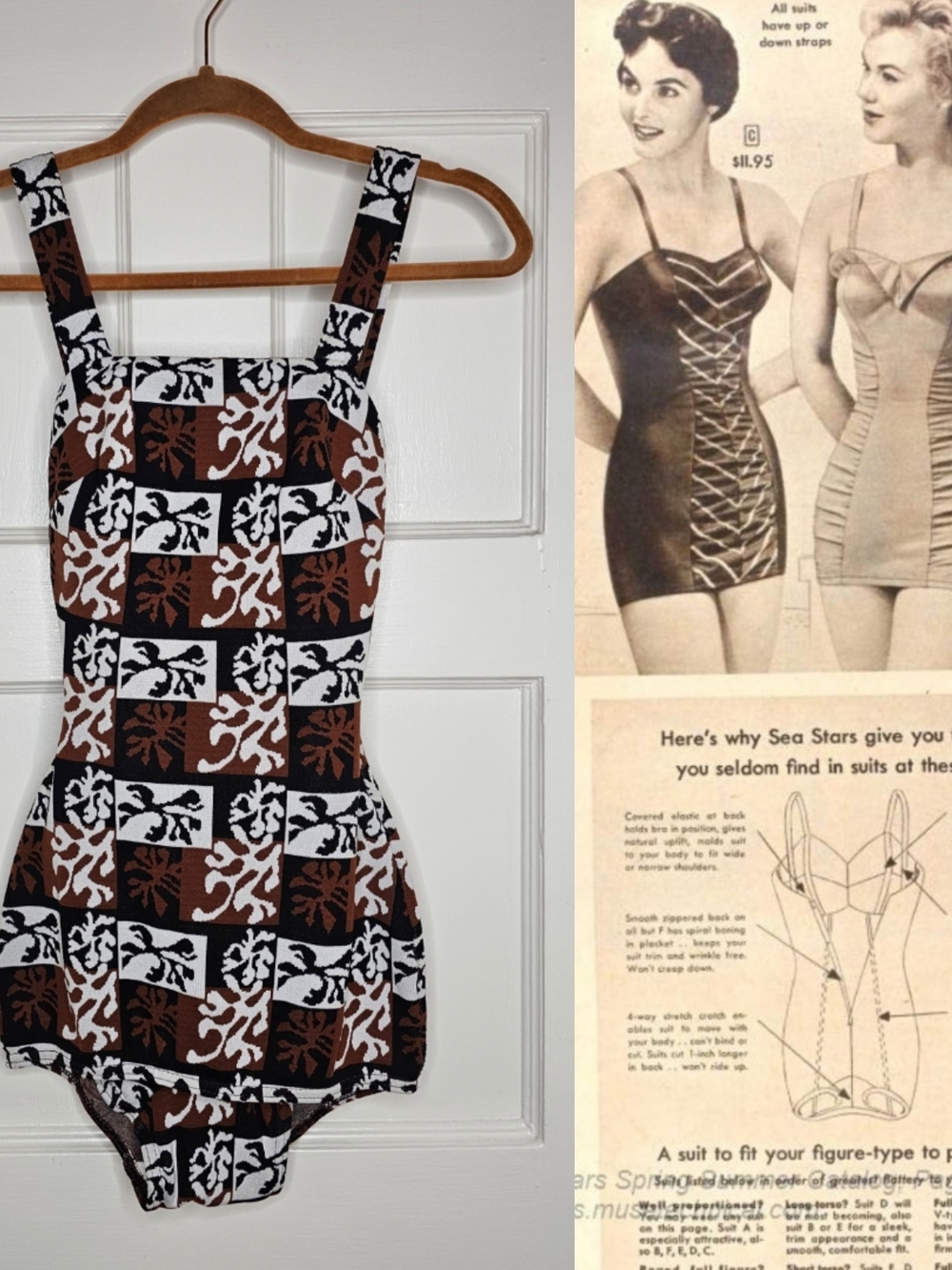 VTG 50s Kerrybrooke Abstract Print Knit Swimsuit